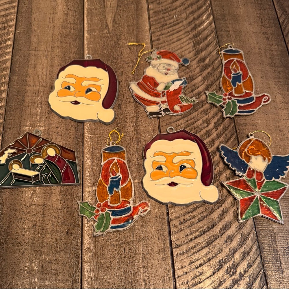 Vintage Stained Glass Christmas‎ Suncatchers Ornaments Lot Of 7 Santa Candle